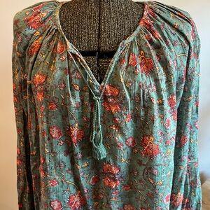 Peasant Top Boho Cotton Flowy Long Sleeve Lightweight Tassle Tie Size XS